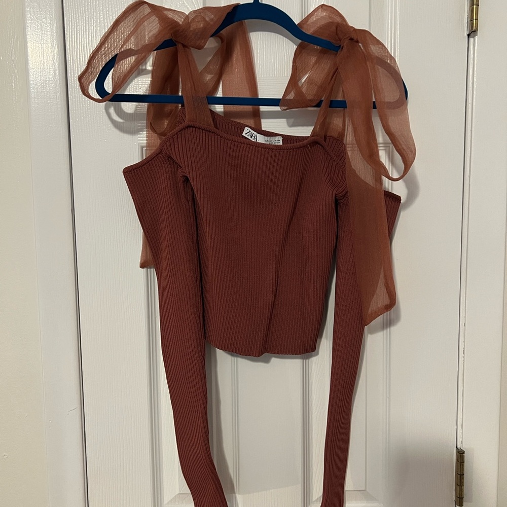 Zara Rust-Brown Ribbed Long Sleeve Top with Sheer Tie Straps